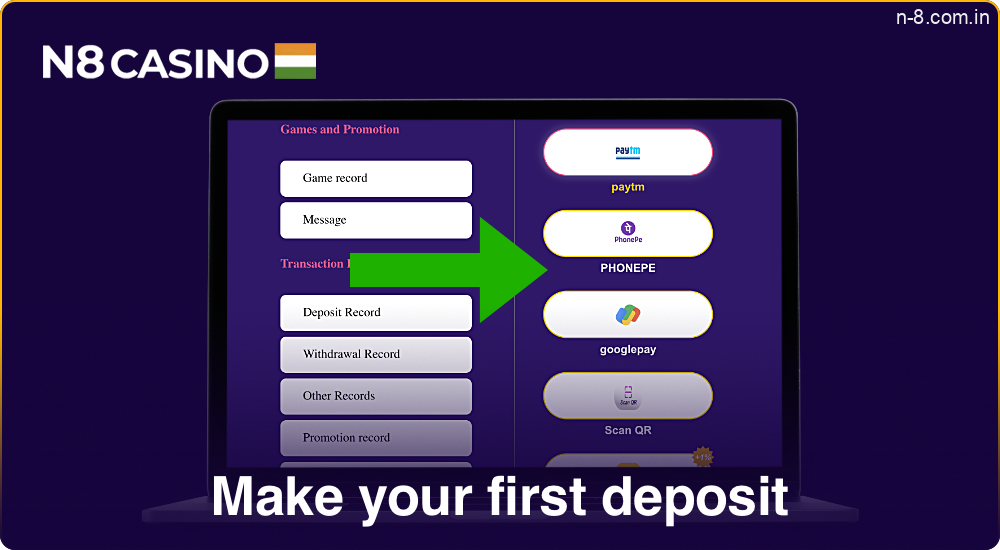 Make a deposit using the available payment methods